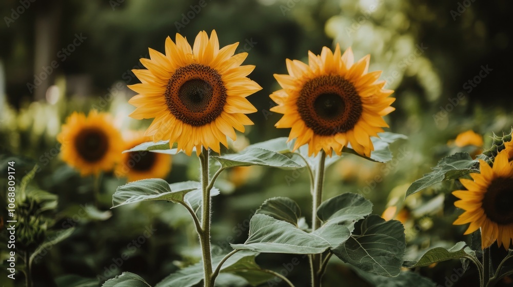 Fototapeta premium Two Sunflowers in a Field of Green
