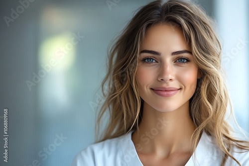 Closeup Portrait of Happy Blonde Woman with White Shirt and Clear Skin