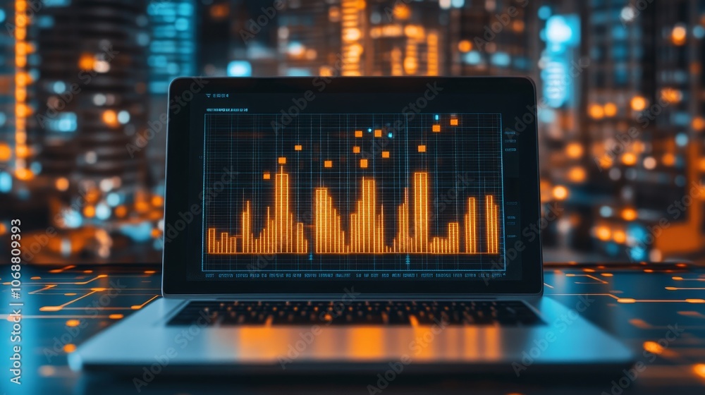 A laptop displaying a graph with orange lines against a blurry background of a city at night. A laptop displaying a graph with orange lines against a blurry background of a city at night.