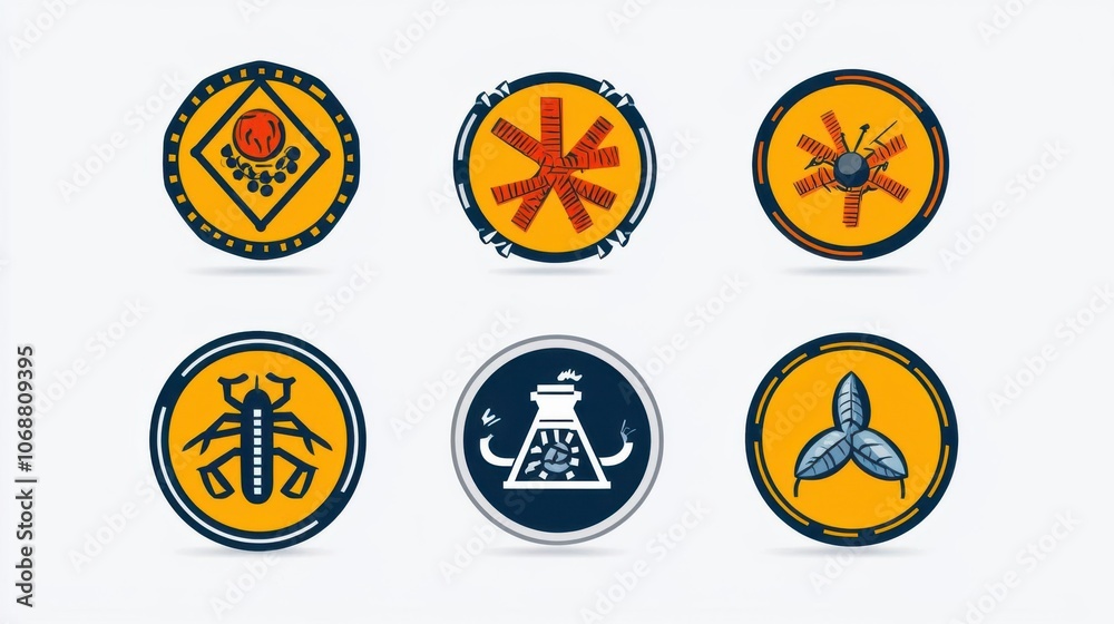 Colorful graphic badges with unique designs on a light background. Colorful graphic badges with unique designs on a light background.