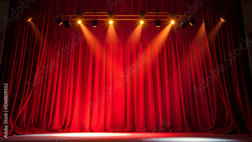 Red velvet curtains part under golden lights to reveal an elegant stage for a prestigious award ceremony or film festival event photo