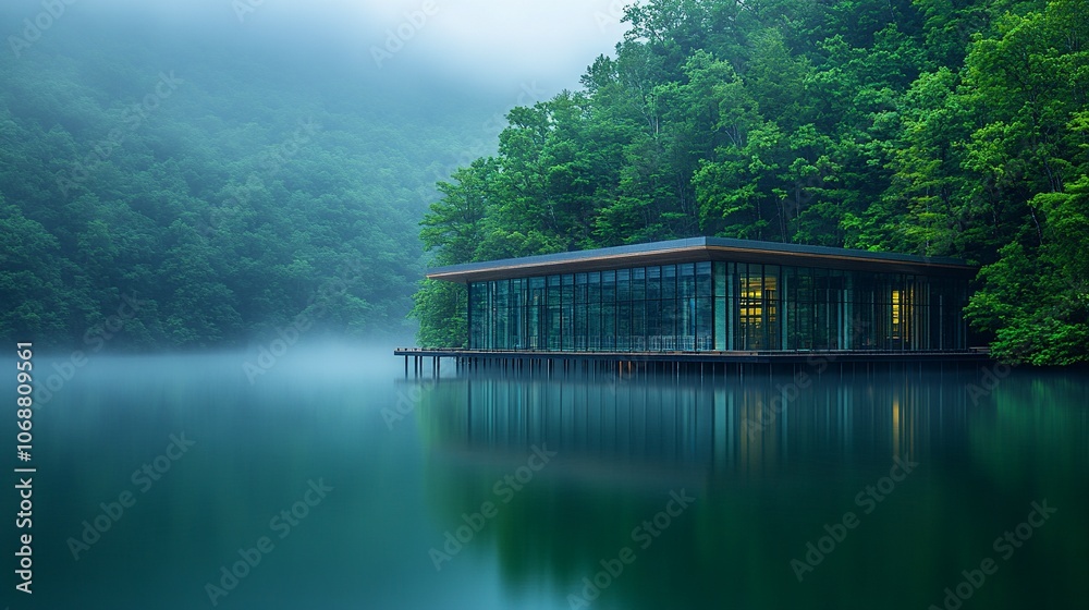Fototapeta premium Modern Research Lab by Lake Surrounded by Forest and Morning Fog