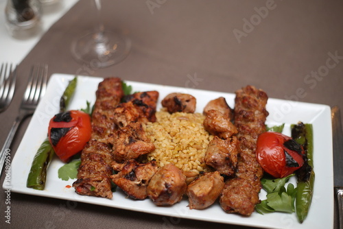 Traditional Turkish Mixed Grill Platter with Chicken, Beef, and Vegetables