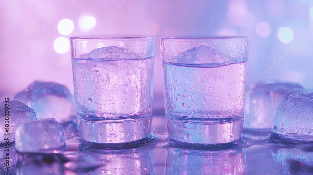 Chilled vodka shots served over ice with a soft focus ambiance in the background Chilled vodka shots served over ice with a soft focus ambiance in the background