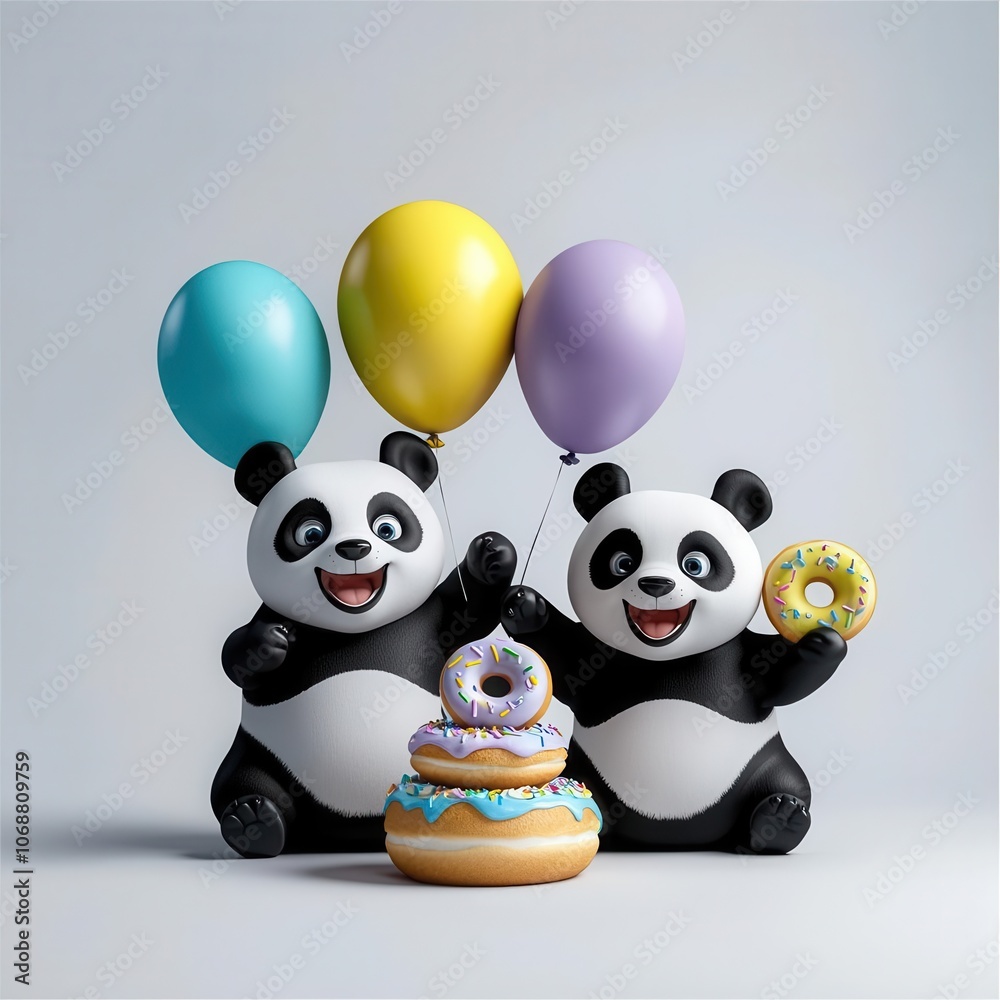 Two cheerful pandas with balloons and a donut on a festive background. Two cheerful pandas with balloons and a donut on a festive background.