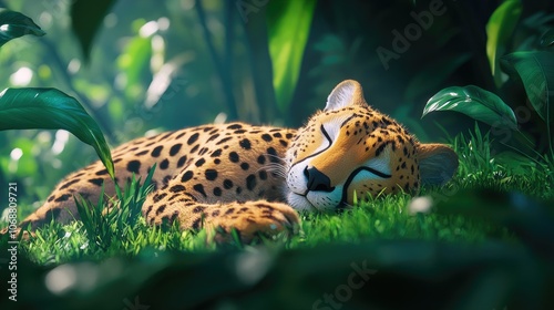 Wallpaper Mural Resting cheetah sprawled on lush green grass showcasing its powerful physique and natural habitat Torontodigital.ca