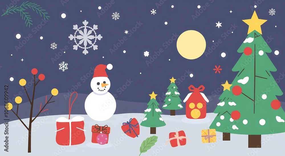 Snowman with presents under a starry night sky with Christmas trees and a house. Snowman with presents under a starry night sky with Christmas trees and a house.
