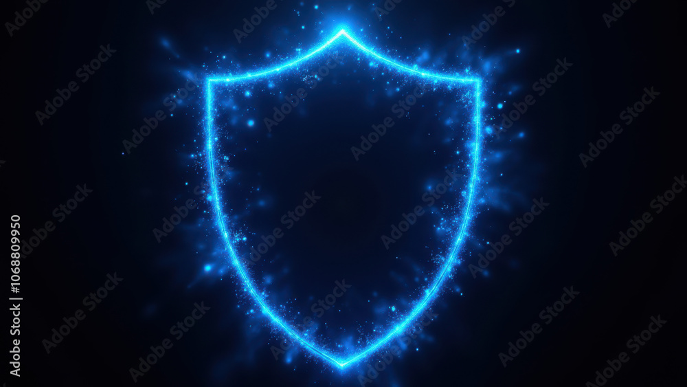 Blue and white security shield icon with glowing elements. Blue and white security shield icon with glowing elements.