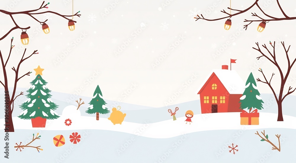 Cute winter wonderland scene with snow, a house, trees, and children. Cute winter wonderland scene with snow, a house, trees, and children.