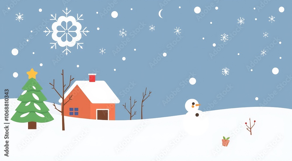 A snowy winter scene with a house, a Christmas tree, a snowman, and falling snowflakes. A snowy winter scene with a house, a Christmas tree, a snowman, and falling snowflakes.