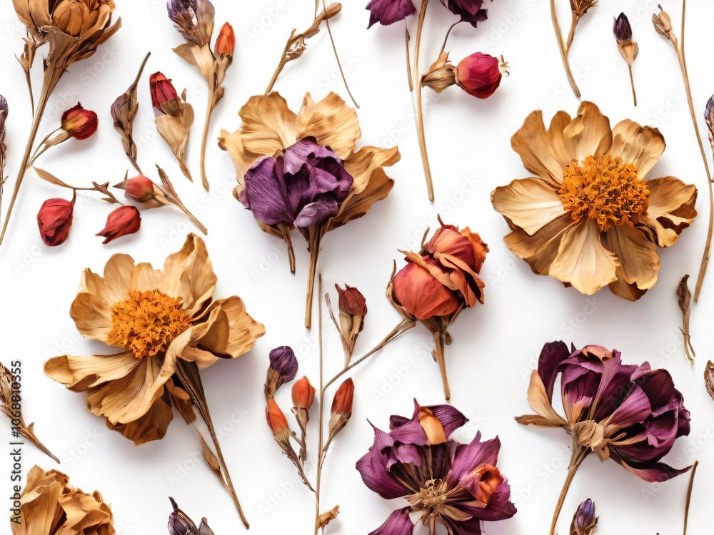 Fototapeta premium A collection of dried everlasting flowers on a white background.