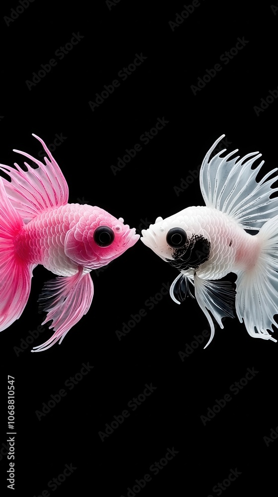 Two colorful goldfish facing each other against a dark background. Two colorful goldfish facing each other against a dark background.