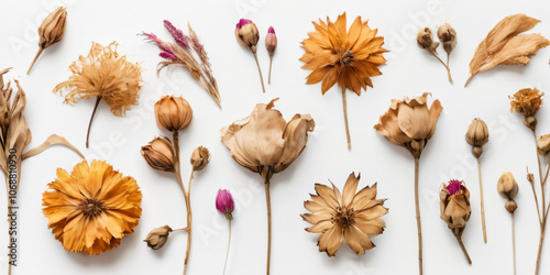 A collection of dried everlasting flowers on a white background.