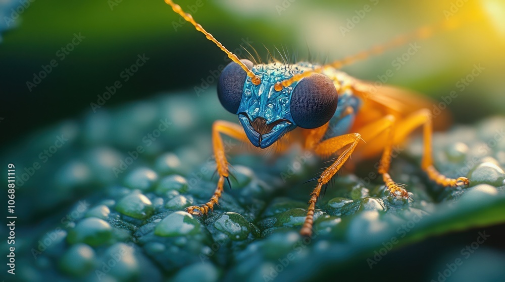 Fototapeta premium A close-up of a blue and orange insect with large eyes on a dew-covered leaf.