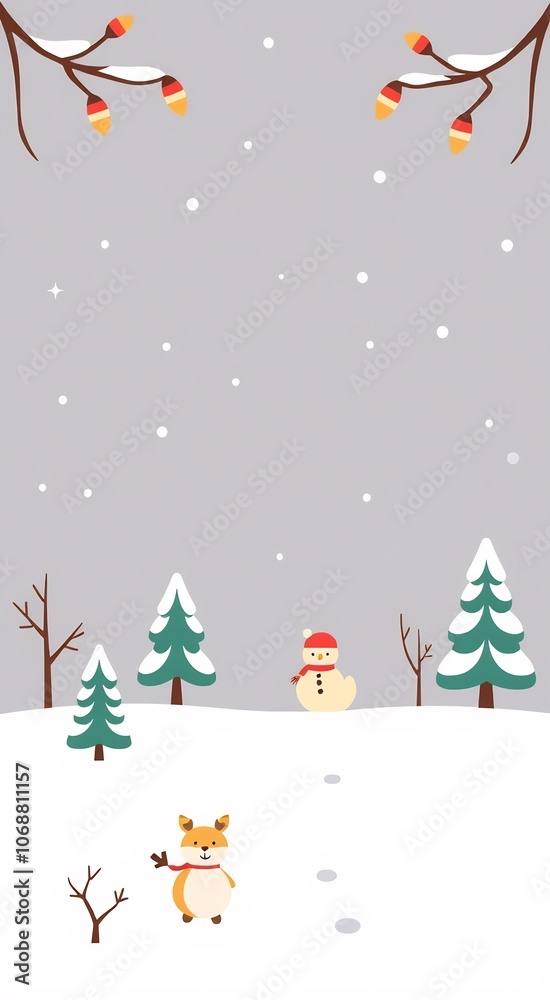 A cute deer in a red scarf standing in a snowy winter landscape with a snowman, trees, and branches. A cute deer in a red scarf standing in a snowy winter landscape with a snowman, trees, and branches.