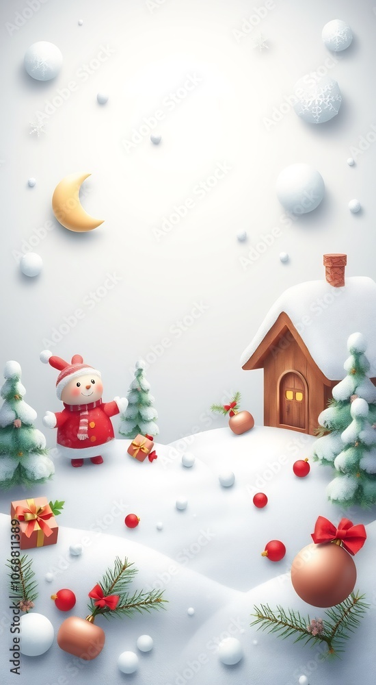 A cute snowman in a red and white outfit stands in a snowy landscape with a little house and a crescent moon in the sky. A cute snowman in a red and white outfit stands in a snowy landscape with a little house and a crescent moon in the sky.
