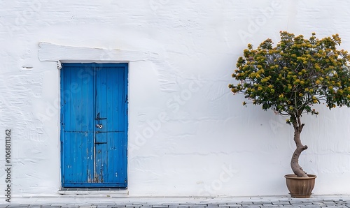 Blue wooden door on a white wall in Chefchaouen, Morocco