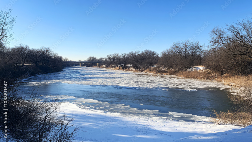 A peaceful winter view of a frozen river bordered by trees and grass