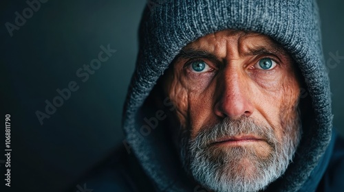 Close-up Portrait of a Senior Man with Intense Blue Eyes in a Hooded Sweater