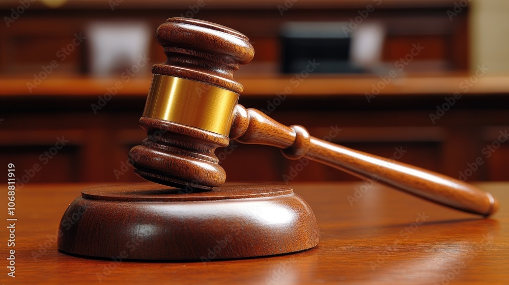 A wooden gavel resting on a sound block representing justice and legal authority within a court environment A wooden gavel resting on a sound block representing justice and legal authority within a court environment