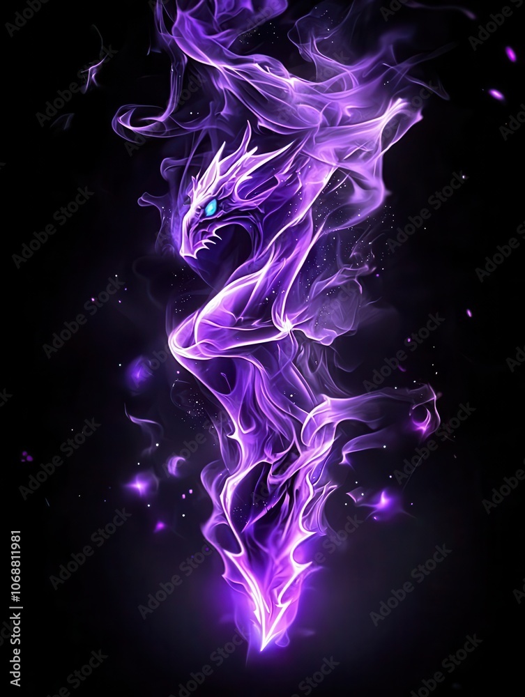 Vibrant purple dragon in smoke on a black background, mystical and enchanting. Vibrant purple dragon in smoke on a black background, mystical and enchanting.