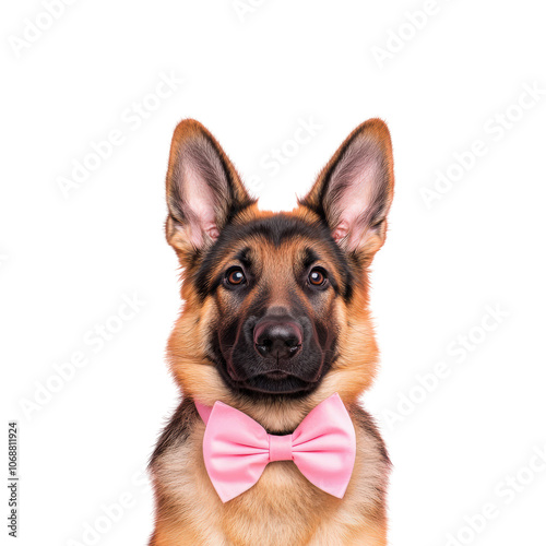 German Shepherd dog wearing pink bow tie, looking elegant and charming. This adorable pet exudes playful yet sophisticated vibe, perfect for any occasion