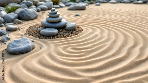 Zen Rock Garden with Raked Sand Patterns and Arranged Stones | Peaceful Stock Image