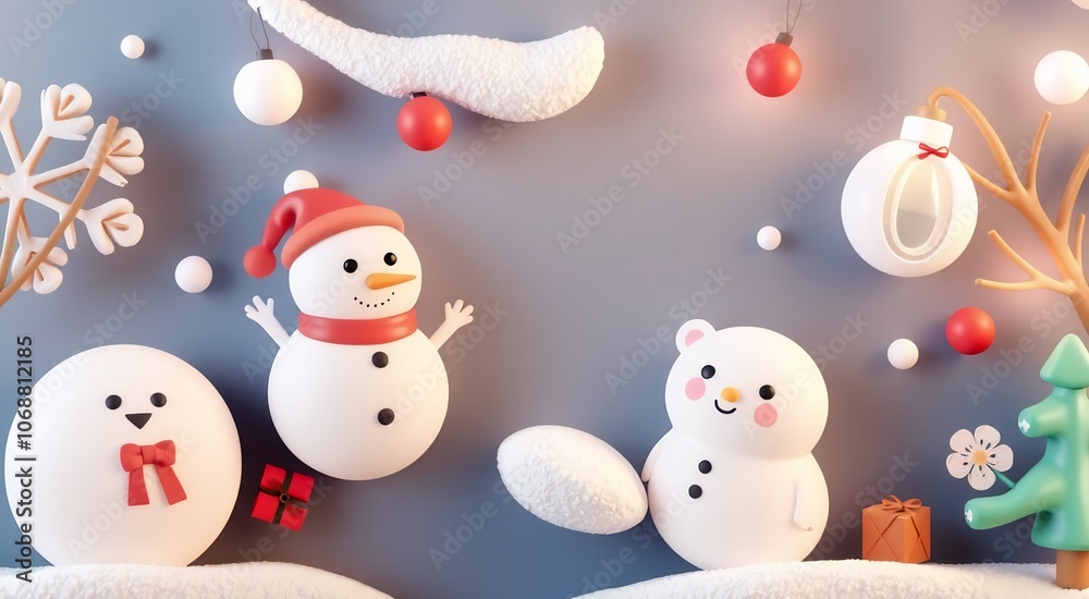 Three snowmen on a blue background with winter decorations. Three snowmen on a blue background with winter decorations.