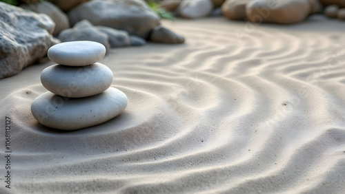 Zen Rock Garden with Raked Sand Patterns and Arranged Stones | Peaceful Stock Image