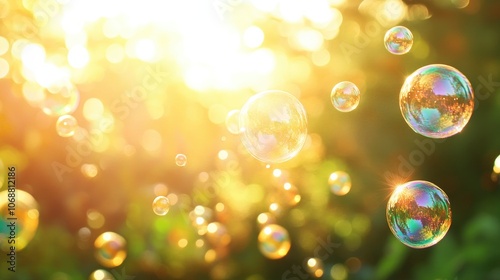 A vibrant array of soap bubbles drifts gracefully amidst a luminous bokeh backdrop