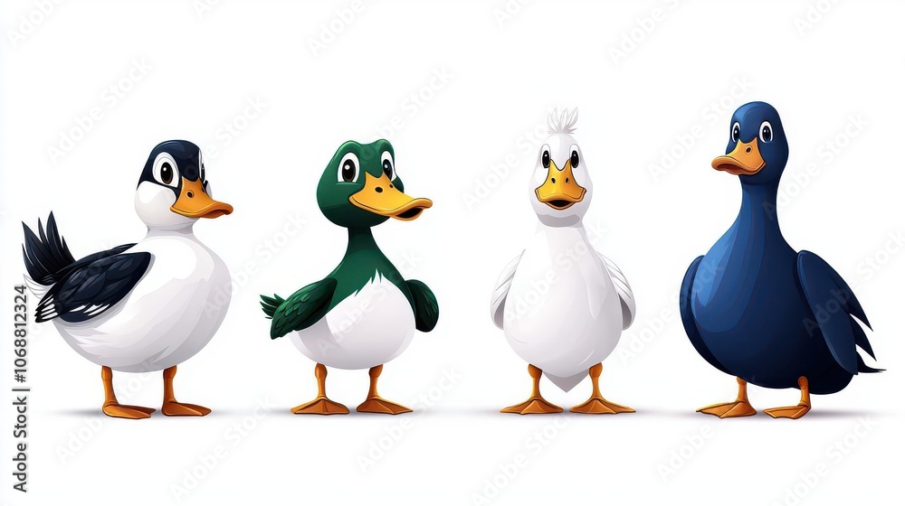 Naklejka premium Four colorful cartoon ducks standing in a row on a white isolated background.