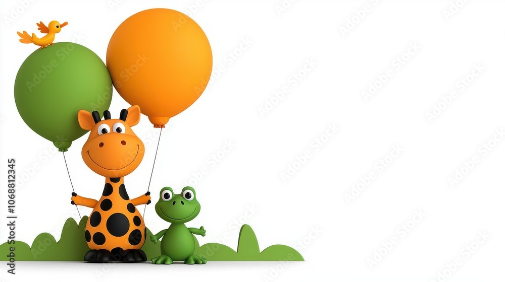 Fototapeta premium Cartoon giraffe and frog holding colorful balloons, white isolate background