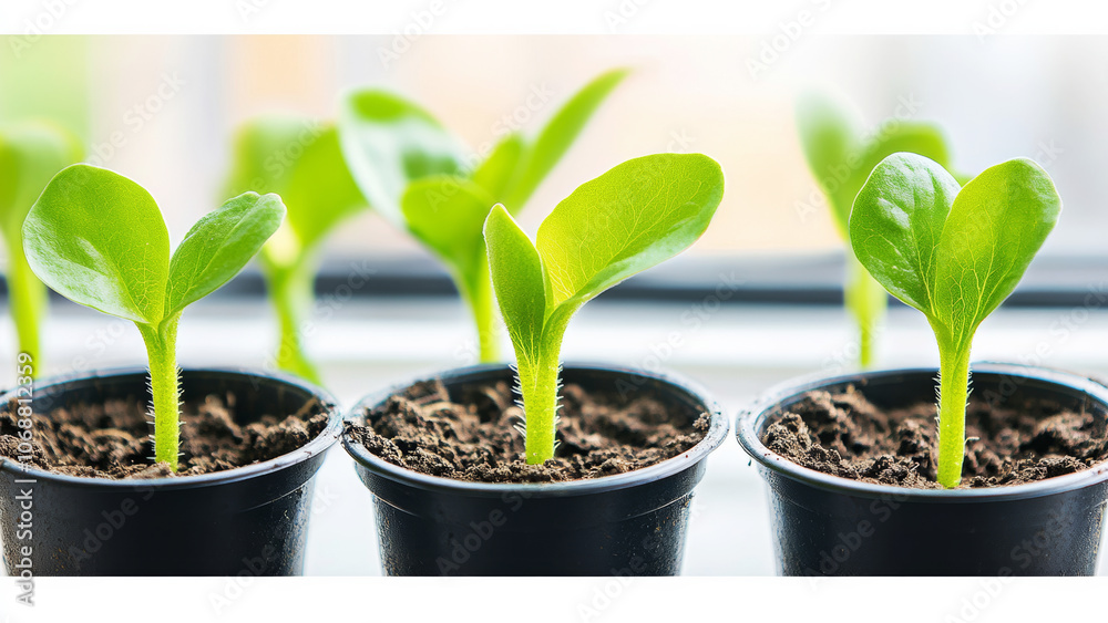 Young plants sprout from soil in pots, enjoying natural light indoors Young plants sprout from soil in pots, enjoying natural light indoors