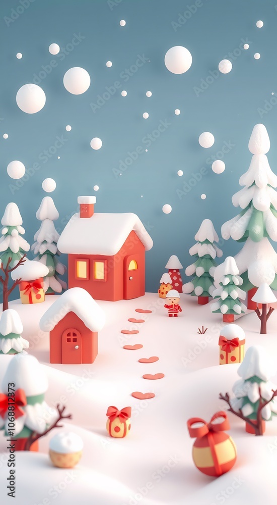 A cute 3D snowy Christmas scene with a red house, presents and a character. A cute 3D snowy Christmas scene with a red house, presents and a character.