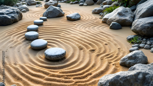 Zen Rock Garden with Raked Sand Patterns and Arranged Stones | Peaceful Stock Image