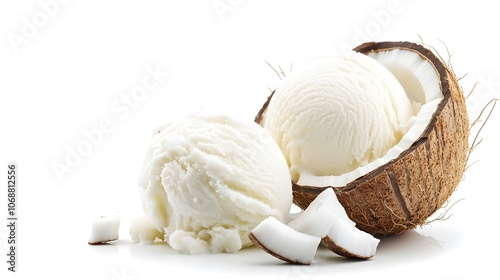 Coconut Ice Cream Scoop with Grated Flakes - Delightful Slow Melt on White Background Perfect for Dessert Menus Food Blogs and Summer Treat Promotions