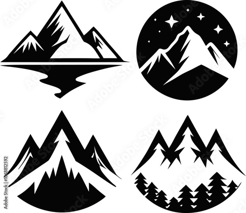 Collection of camping edition logos featuring mountain and outdoor adventures, including mountain silhouettes and icons.