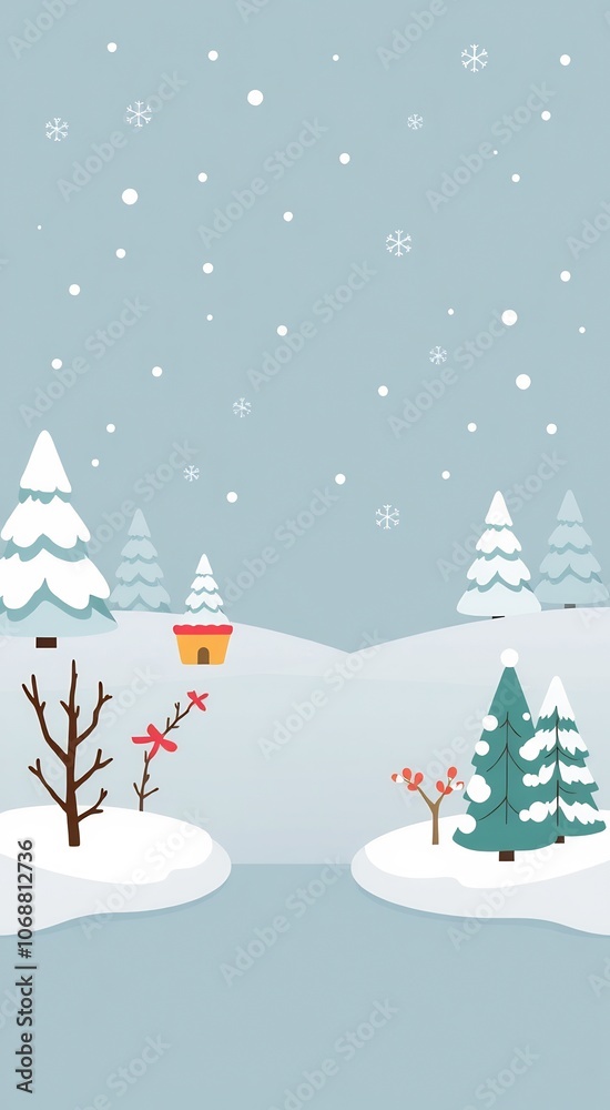 A snowy winter scene with a small house in the distance and falling snow. A snowy winter scene with a small house in the distance and falling snow.