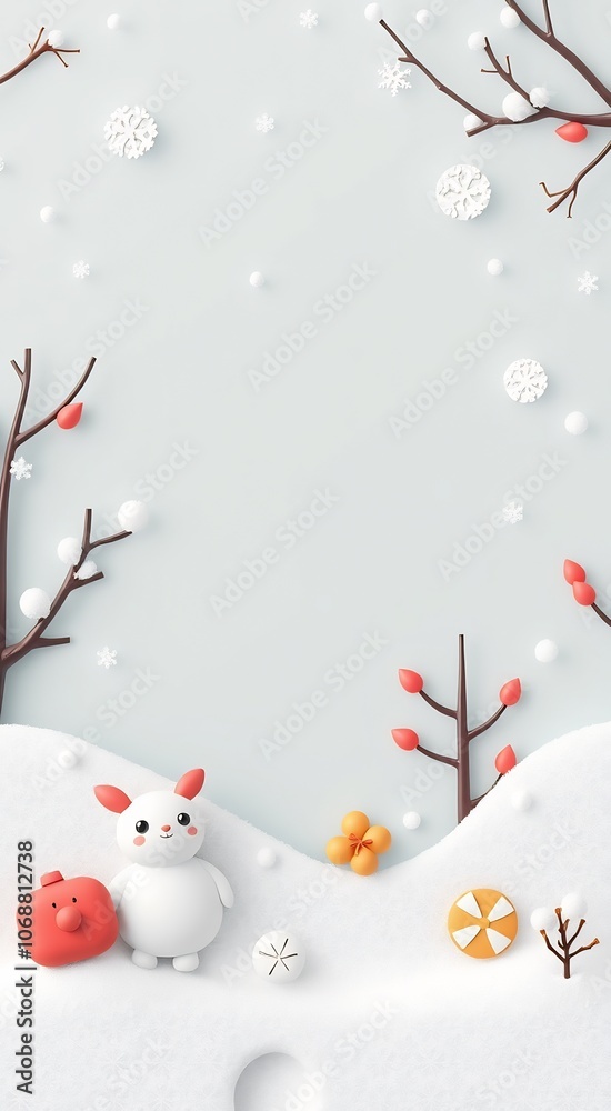 Cute rabbit with a red gift standing in the snow with a simple winter background. Cute rabbit with a red gift standing in the snow with a simple winter background.