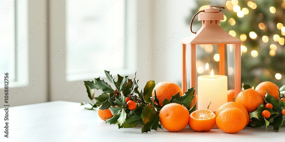Christmas composition with fresh tangerines and decorative lantern on white table, space for text Christmas composition with fresh tangerines and decorative lantern on white table, space for text