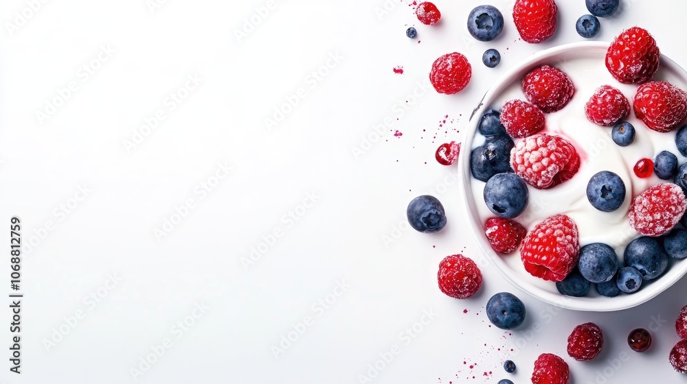 Bowl of yogurt topped with assorted berries viewed from above against a white backdrop Bowl of yogurt topped with assorted berries viewed from above against a white backdrop
