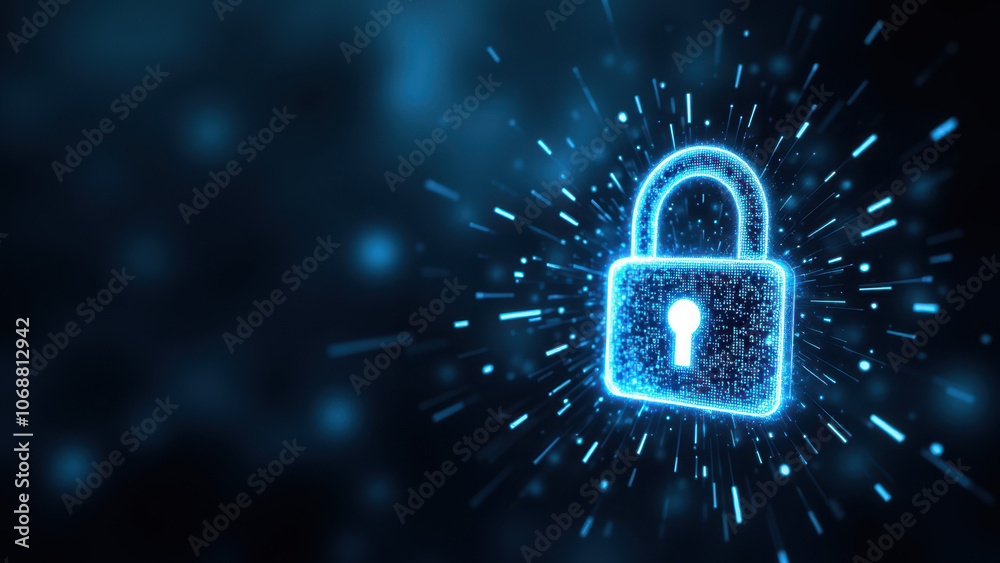 A futuristic lock icon with a digital, glowing design and a blue, high-tech background. A futuristic lock icon with a digital, glowing design and a blue, high-tech background.