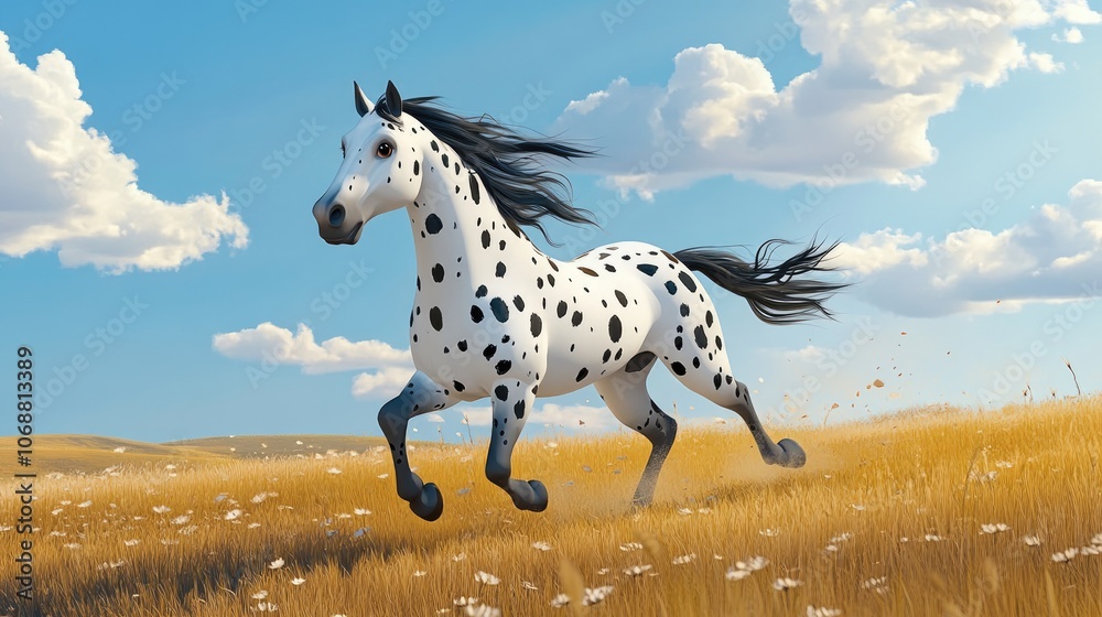 Beautiful Knabstrupper horse galloping through a sunlit summer field showcasing grace and agility Beautiful Knabstrupper horse galloping through a sunlit summer field showcasing grace and agility