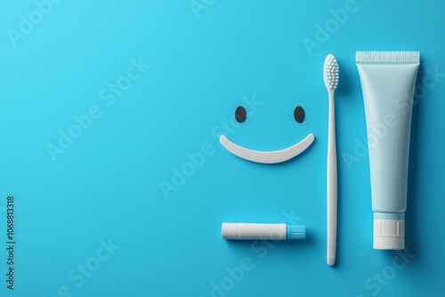 Smiling face made of toothpaste, tube, brush and space for text on colored background, top view