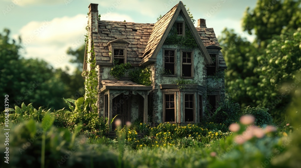Decaying old house in ruins surrounded by overgrown weeds evoking feelings of abandonment and nostalgia Decaying old house in ruins surrounded by overgrown weeds evoking feelings of abandonment and nostalgia