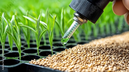 Hand holding pipette dropping liquid on seeds and young green plants in tray.