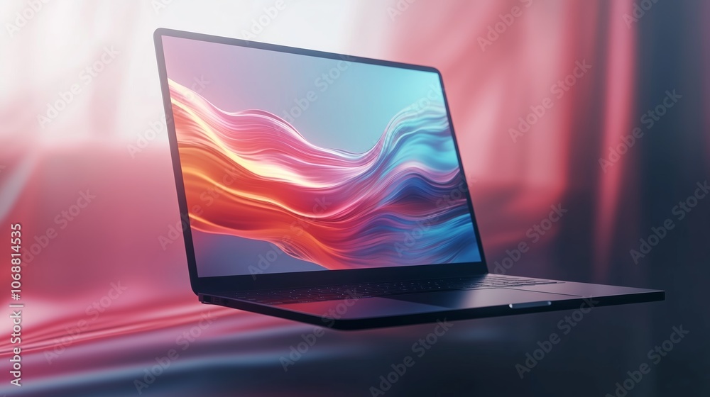 A sleek laptop displaying vibrant abstract visuals positioned on a soft surface with a colorful background, creating a modern tech atmosphere A sleek laptop displaying vibrant abstract visuals positioned on a soft surface with a colorful background, creating a modern tech atmosphere