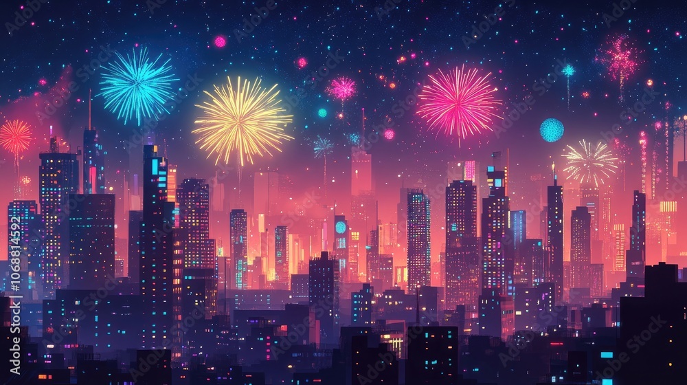 Fototapeta premium Vibrant fireworks illuminating a sprawling night city skyline festive celebration and entertainment