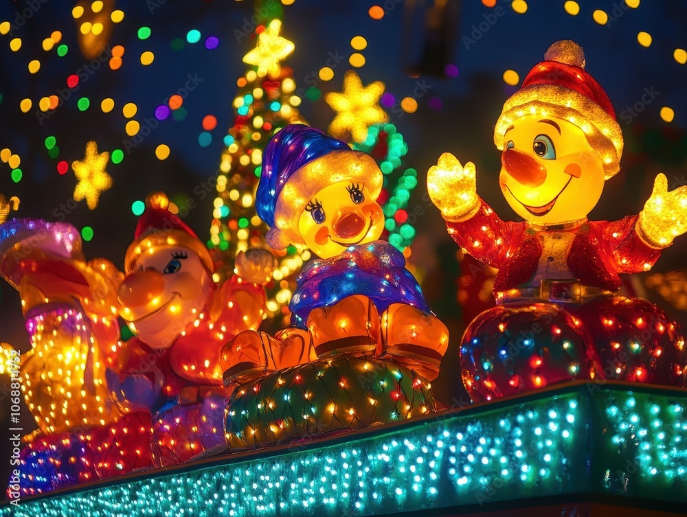 Experience the magic of a colorful holiday parade float illuminated with bright lights Experience the magic of a colorful holiday parade float illuminated with bright lights