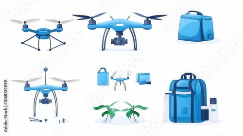 Drone, backpack, and accessories, white isolate background